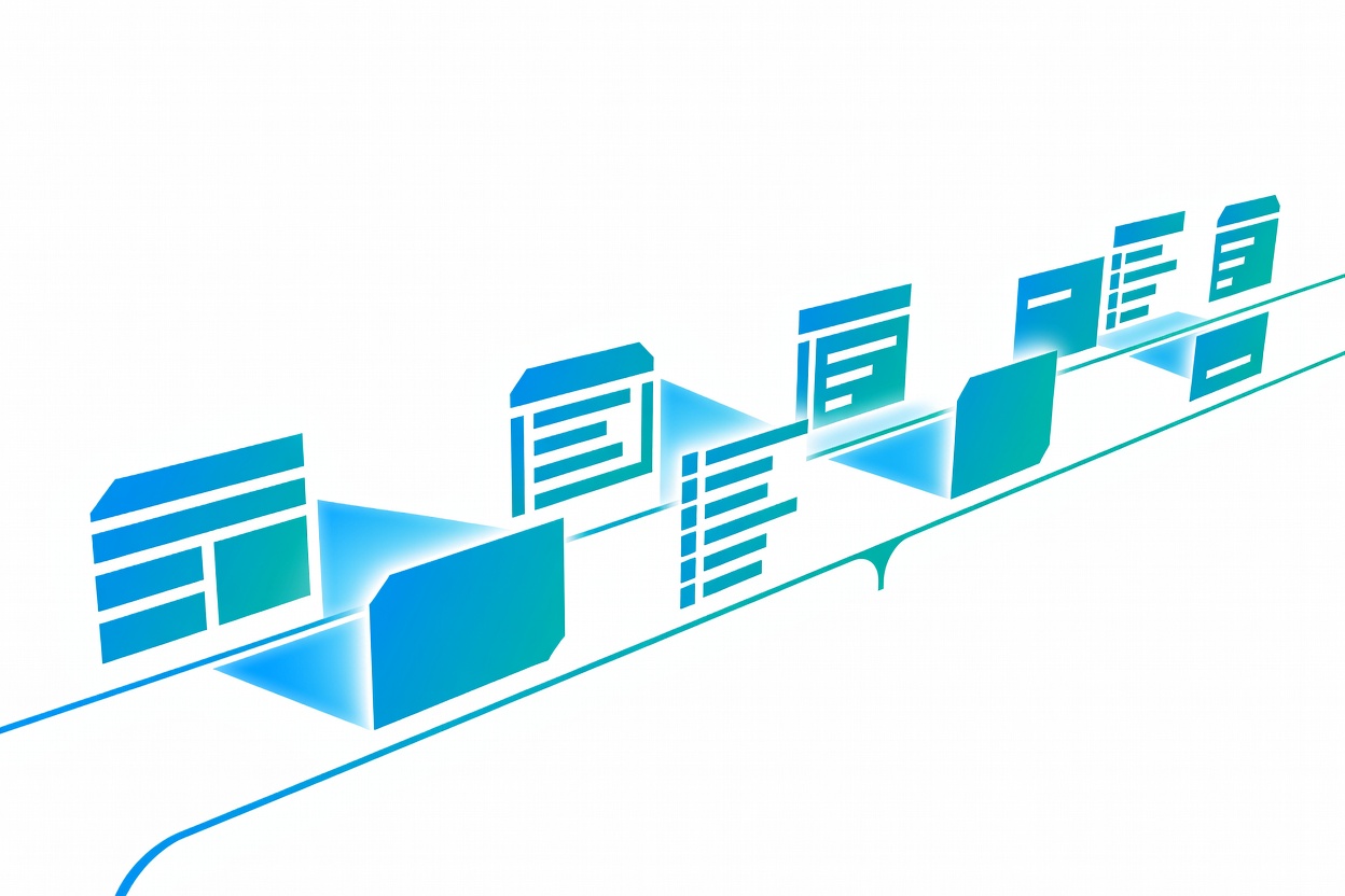 Abstract geometric shapes representing rich structured data flowing through channel pipelines, in deep blue and teal tones