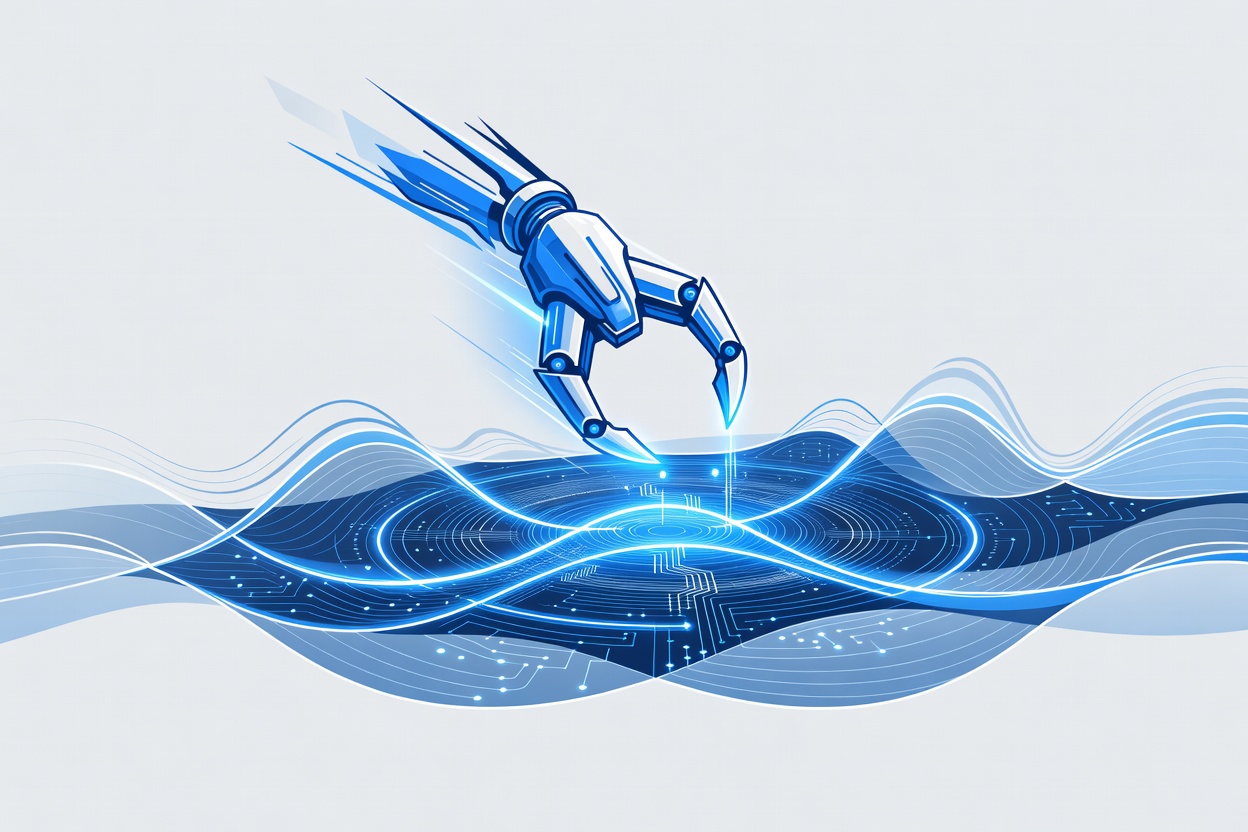 A stylized mechanical claw descending through layered digital signal waves, with bright telegram-blue pulses illuminating circuit paths below