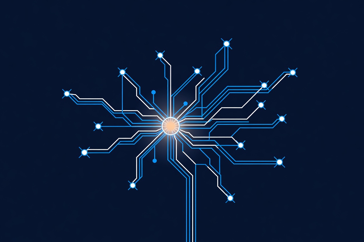 Glowing abstract neural pathways branching outward from a central node against a dark background, representing agent connections and new capabilities