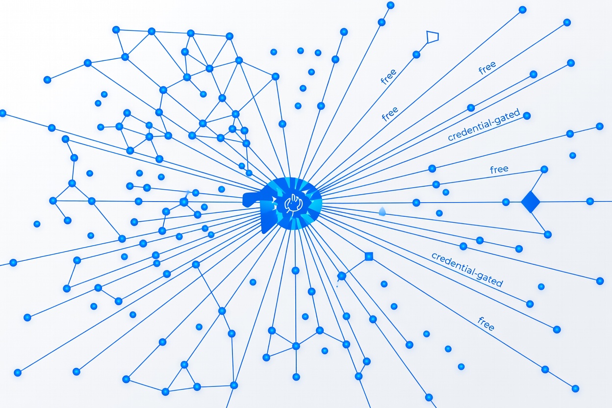 A tangled network of glowing blue connections routing through a central hub, representing multi-model AI routing infrastructure