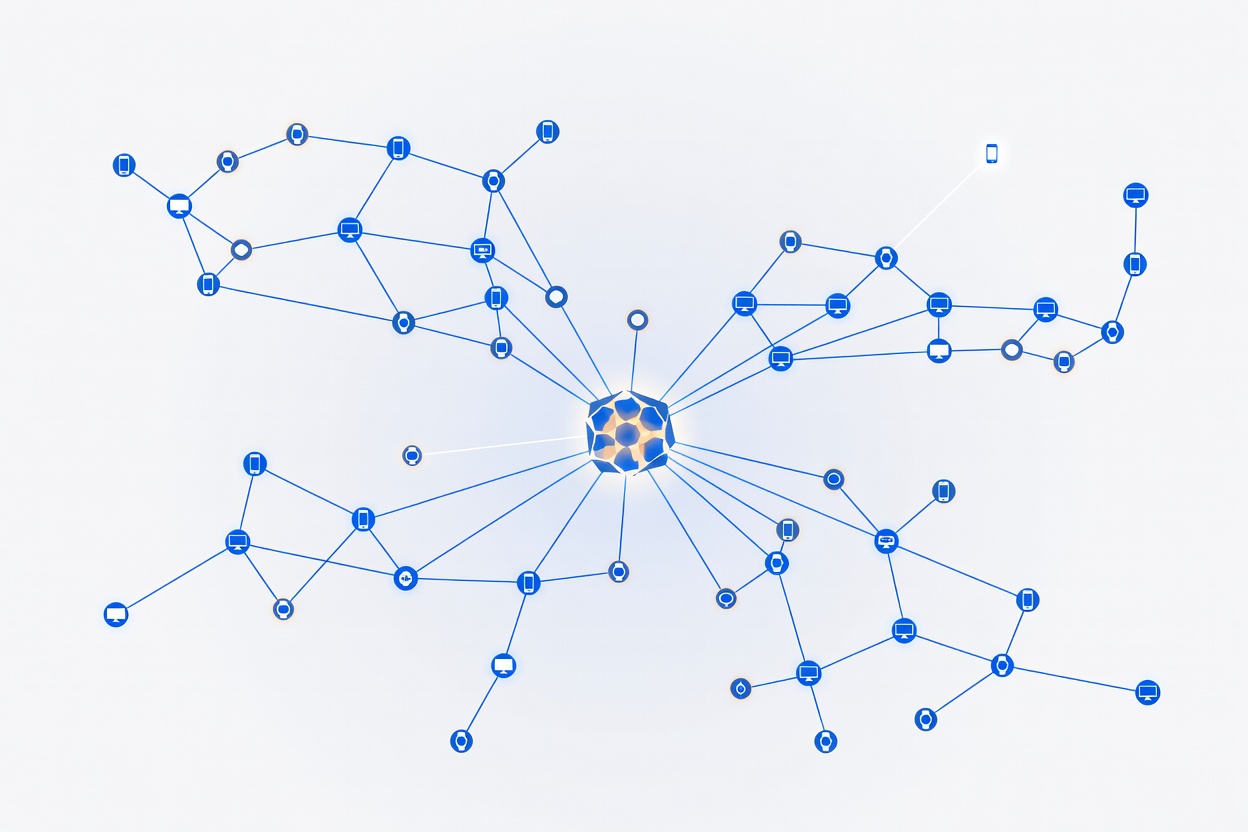 Abstract constellation of connected nodes representing a multi-platform agent network, with a glowing central hub connecting mobile, watch, and desktop endpoints
