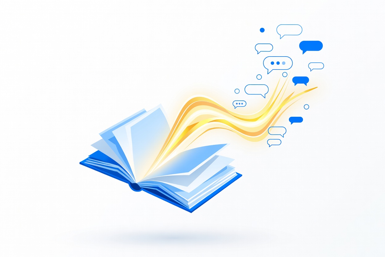 Abstract floating journal book with a glowing sound wave emanating from it and small speech bubbles ascending upward, set against a warm amber gradient background