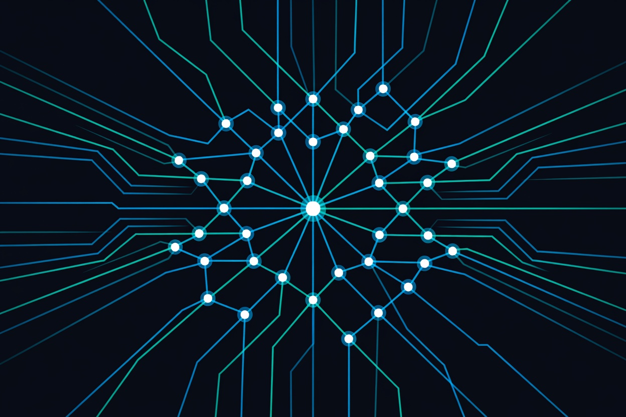 Abstract interconnected nodes and routing paths against a dark background, glowing teal and blue, representing multi-model AI routing