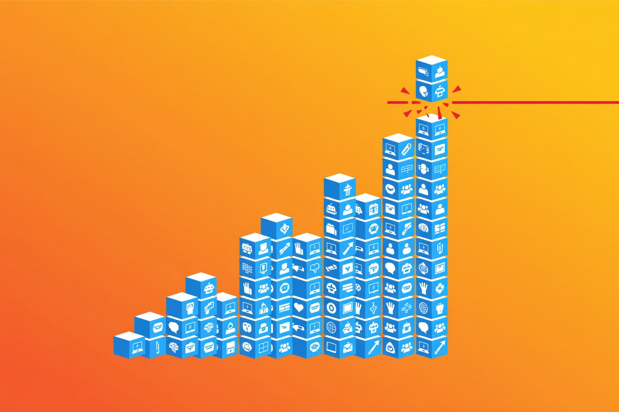 A bar chart surging upward past a record line made of npm package icons, vibrant abstract background