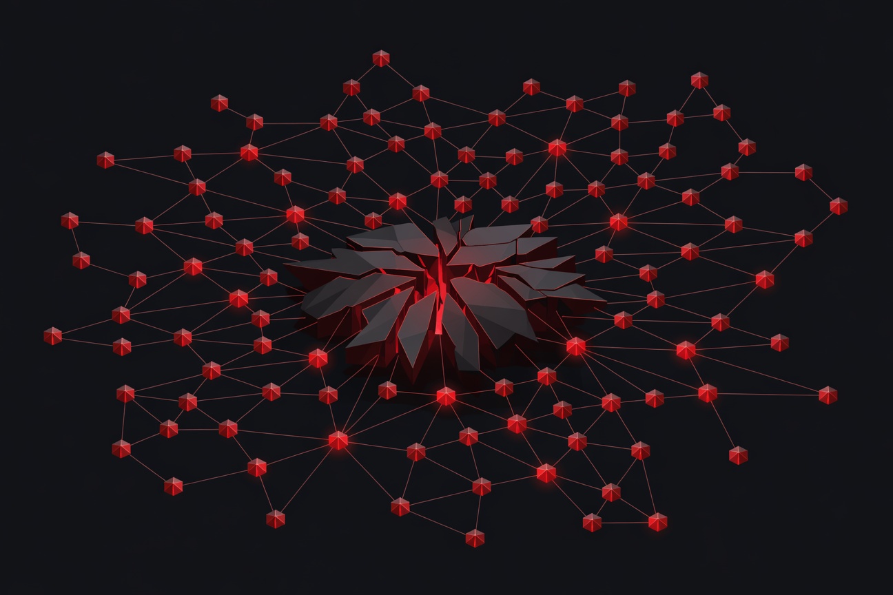 Vast network of glowing nodes without a central off switch, dark red warning tones, fractured control panel