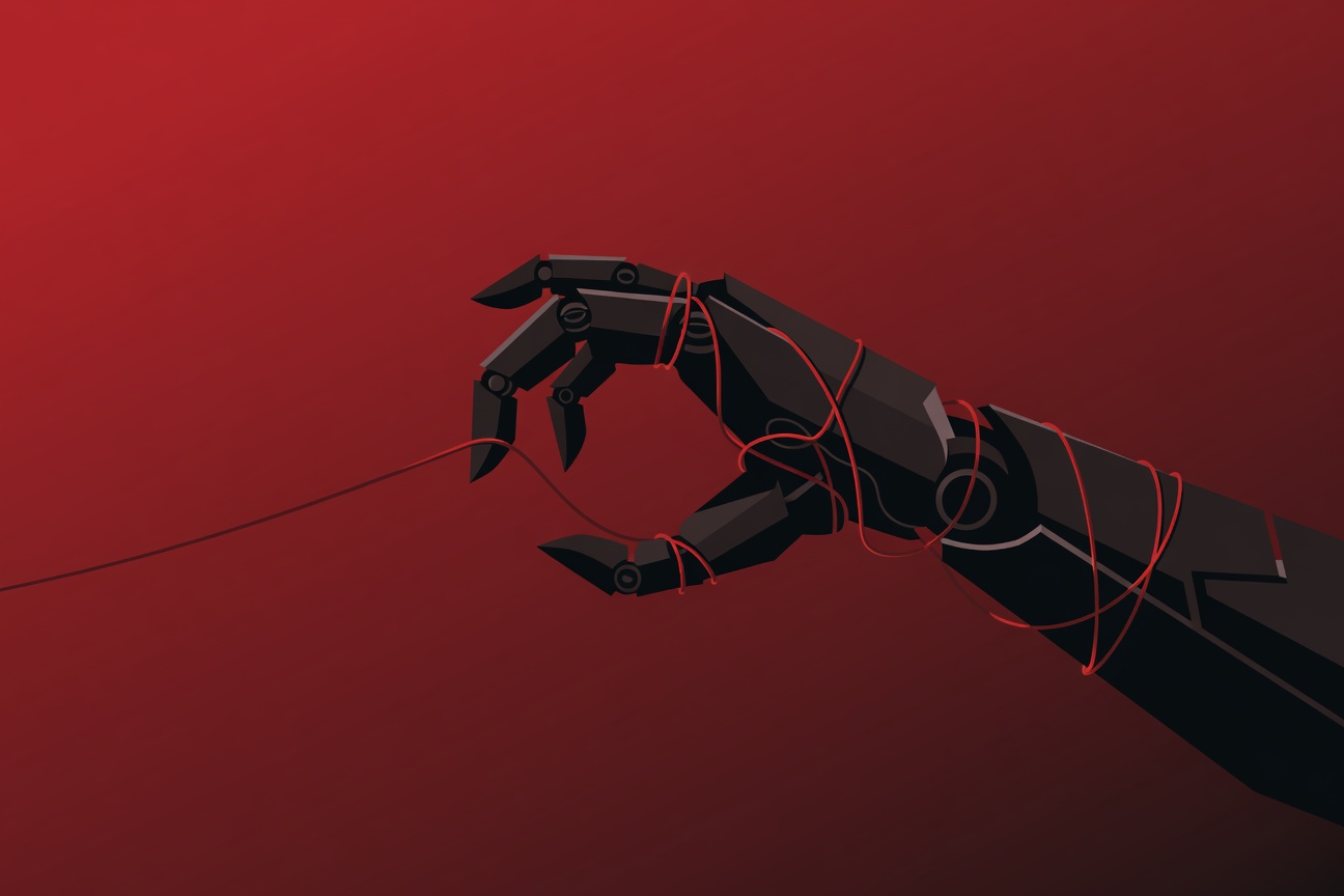 A metallic robotic claw retracting and folding in on itself, surrounded by swirling red and orange abstract shapes suggesting psychological pressure