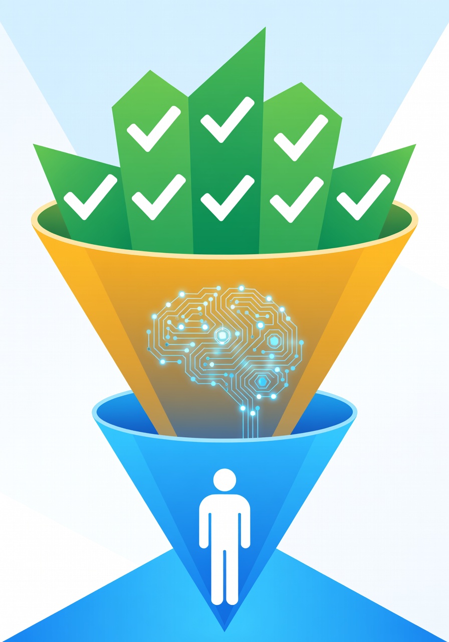 Three-tiered funnel with a checkmark at top, a robot brain in the middle, and a human silhouette at the bottom