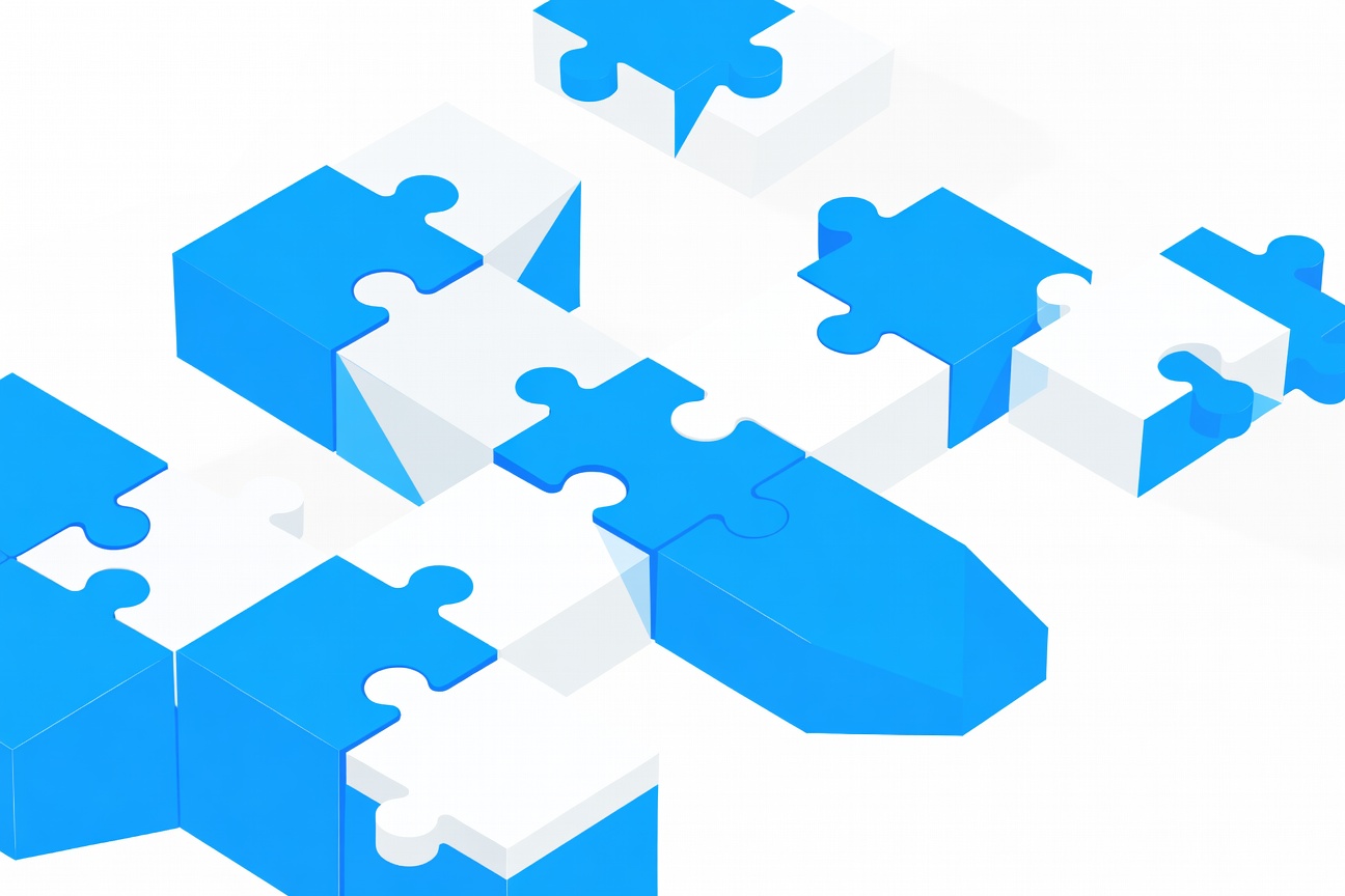 Abstract modular puzzle pieces clicking into place, representing dependency externalization and clean architecture