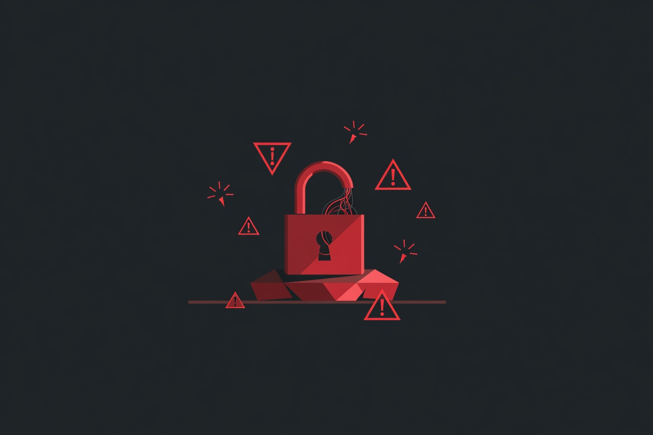 Minimalist 3D illustration of a cracked padlock glowing orange-red, mounted on a dark server panel with small warning triangles around it
