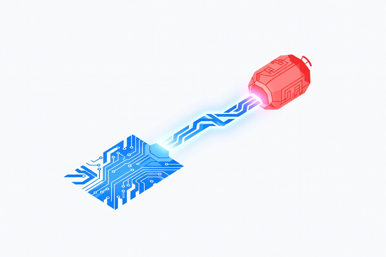 A lobster silhouette split between a Western circuit board and an Eastern lantern motif, connected by a data cable