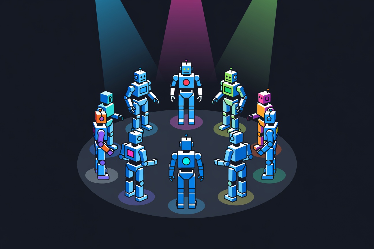 Eight glowing robot figures standing in a semicircle, each slightly different in shape, facing a central spotlight on a dark stage