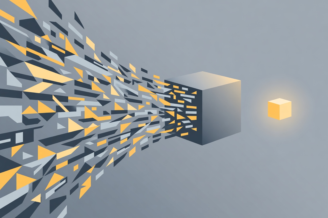 A tangled web of code fragments converging into a large monolithic structure, with a small clean geometric block emerging separately to the side, glowing with clarity