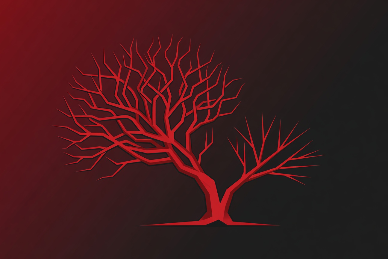 Two abstract code trees branching from a shared root, one sprawling and tangled, the other small and clean