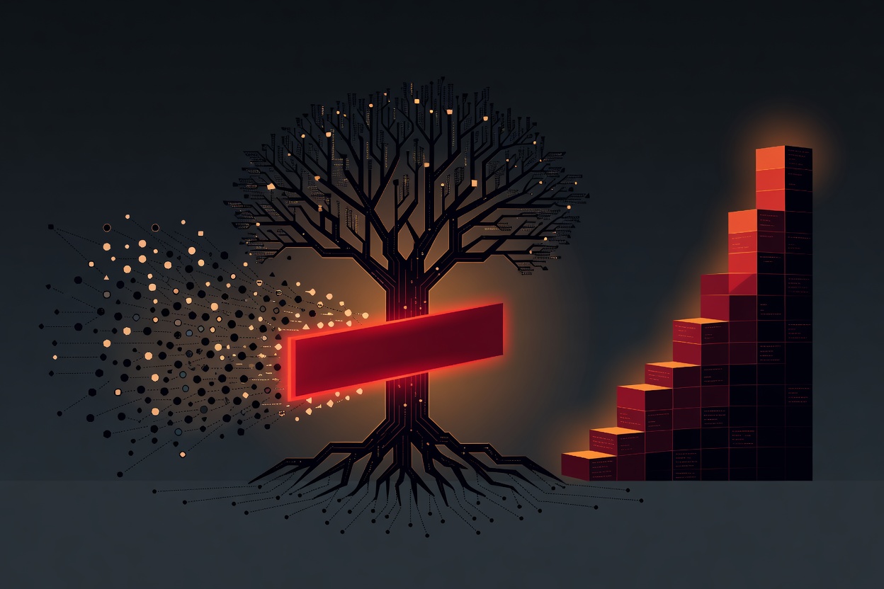 Abstract illustration of a fractured bridge between two glowing nodes representing an open-source community and a corporate API wall, with cost multiplier numerals floating in the gap