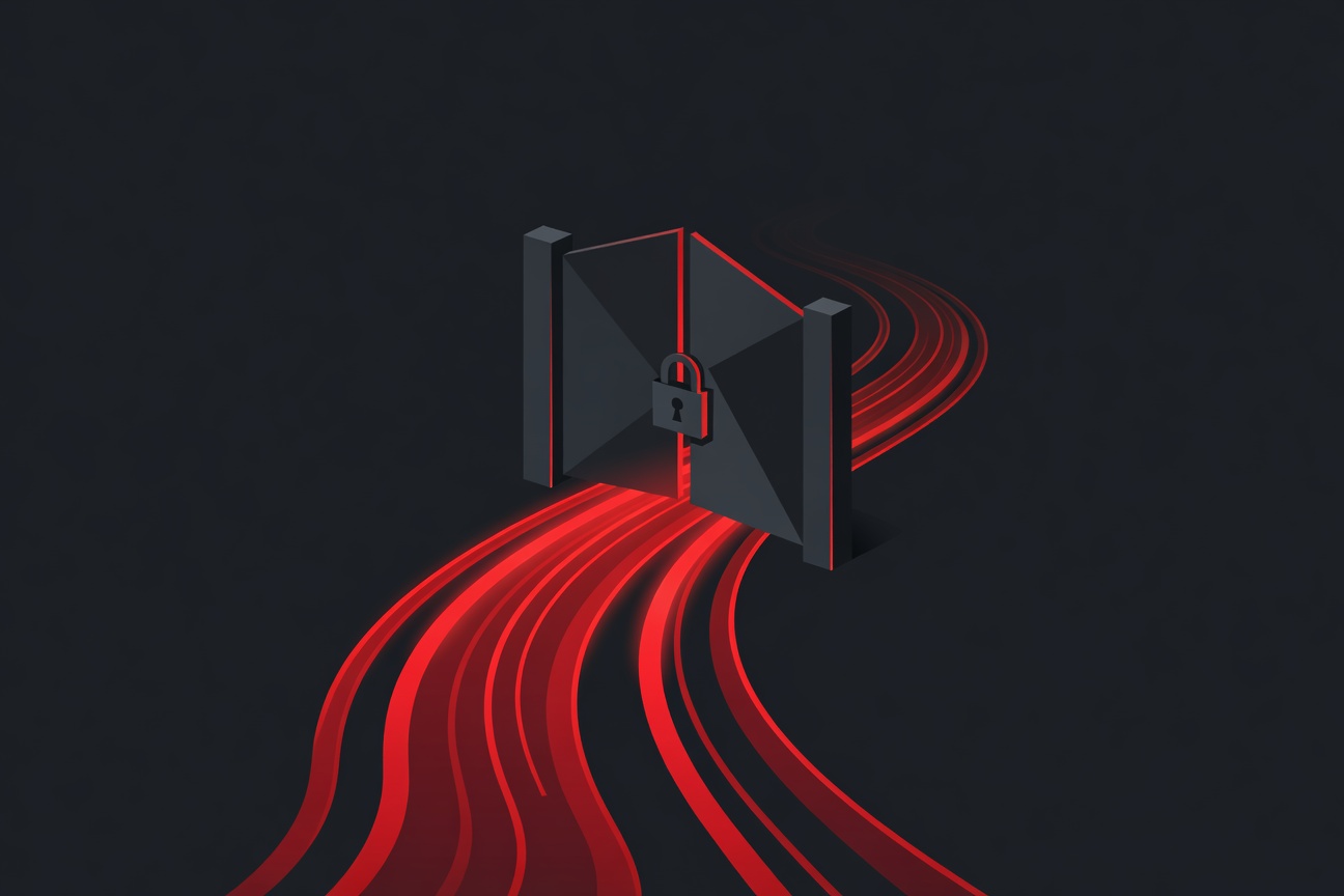 A locked gate blocking a path of glowing data streams, stark contrast between open and closed, flat vector