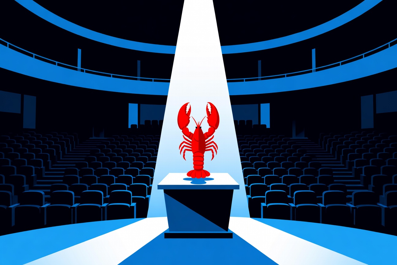 A bright red lobster silhouette standing at a podium illuminated by a spotlight against a vast dark auditorium
