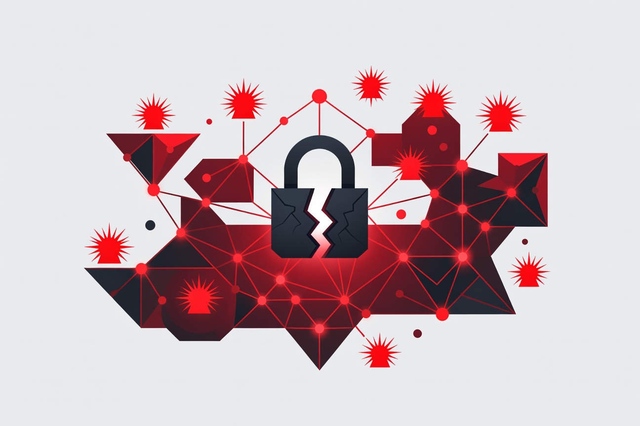 A broken padlock over a glowing network diagram with red warning signals