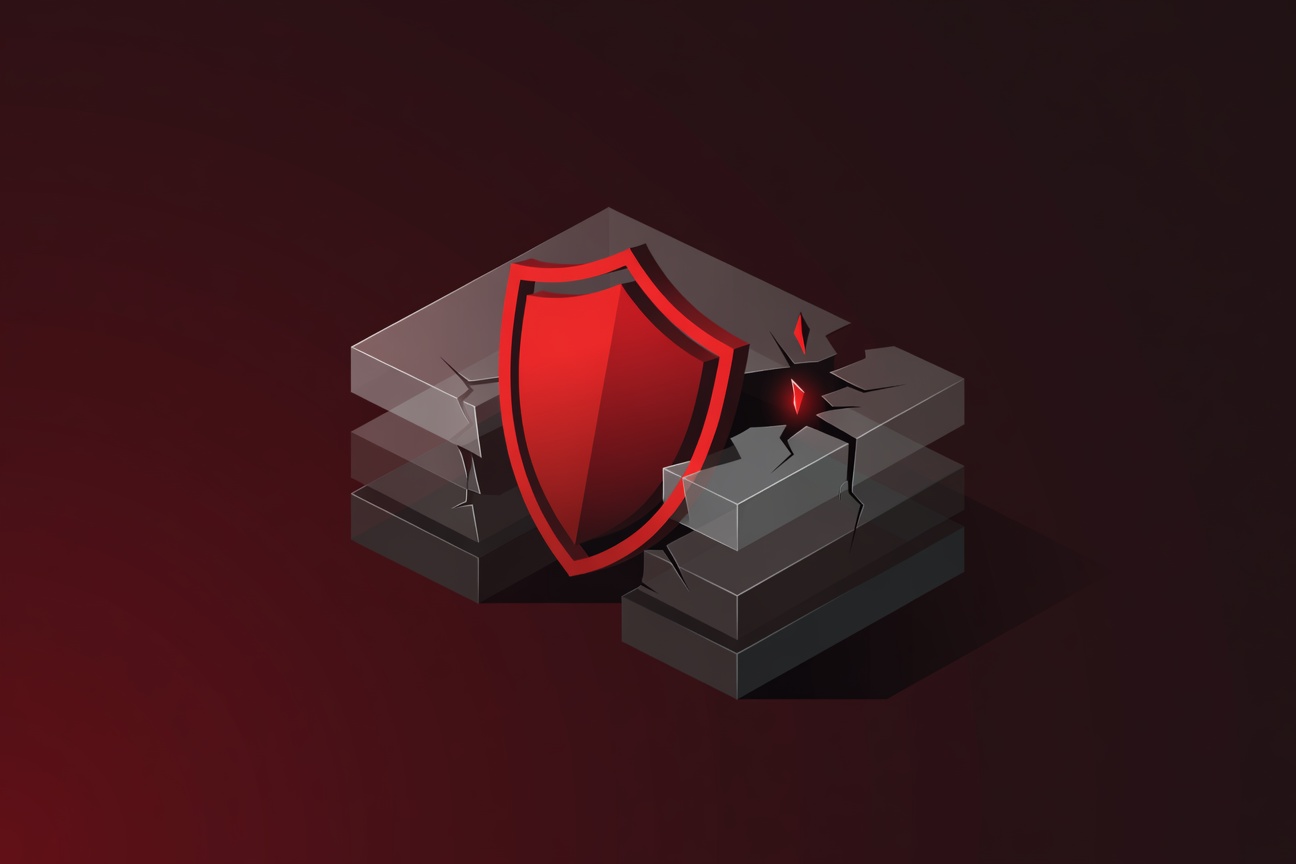 A red warning shield cracking open a layered set of nested boxes representing agent session sandboxes