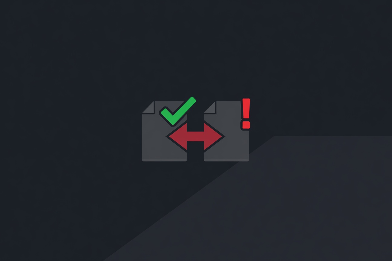 Two identical-looking documents side by side, one with a green approval stamp and one with a red exclamation mark, connected by a swap arrow