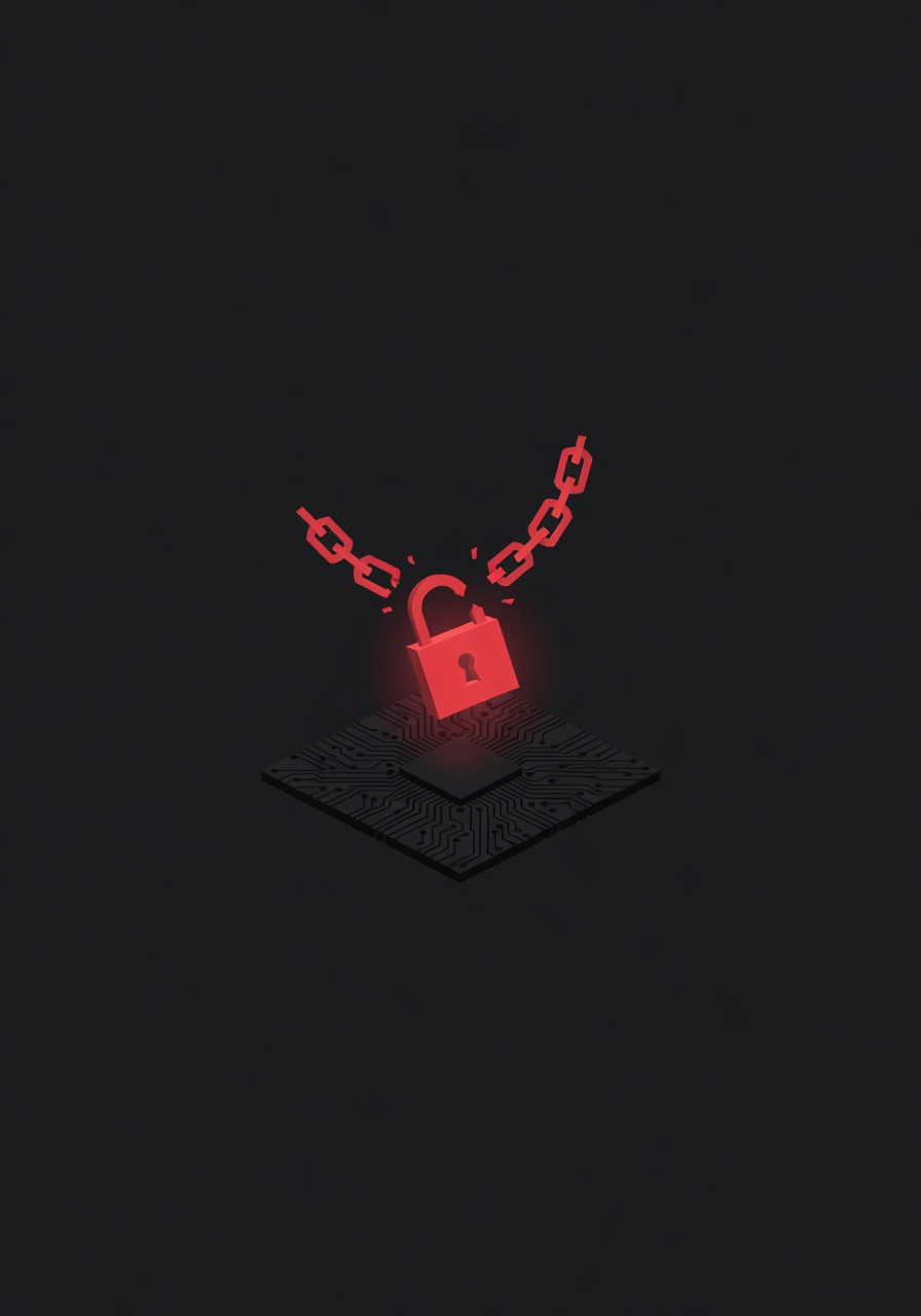 A glowing red lock with a broken chain against a dark circuit board background, representing a critical security breach