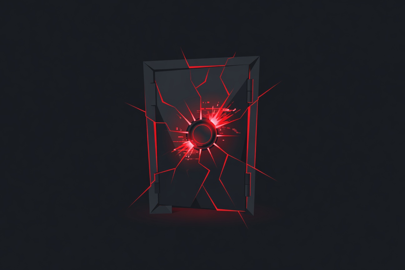A cracked security vault door with a glowing red warning light, abstract digital bypass