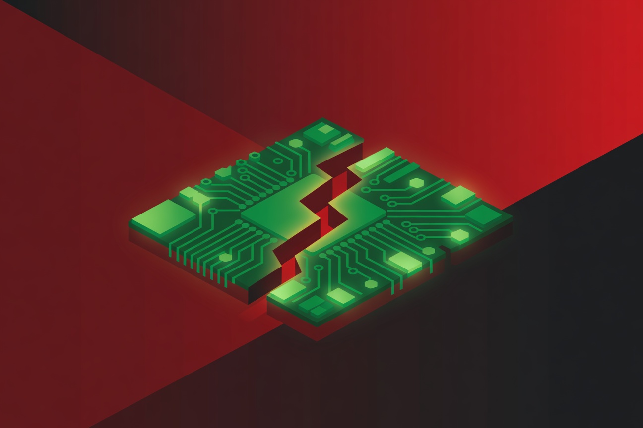 Abstract red fracture in a glowing green circuit board, representing a security bypass in digital infrastructure