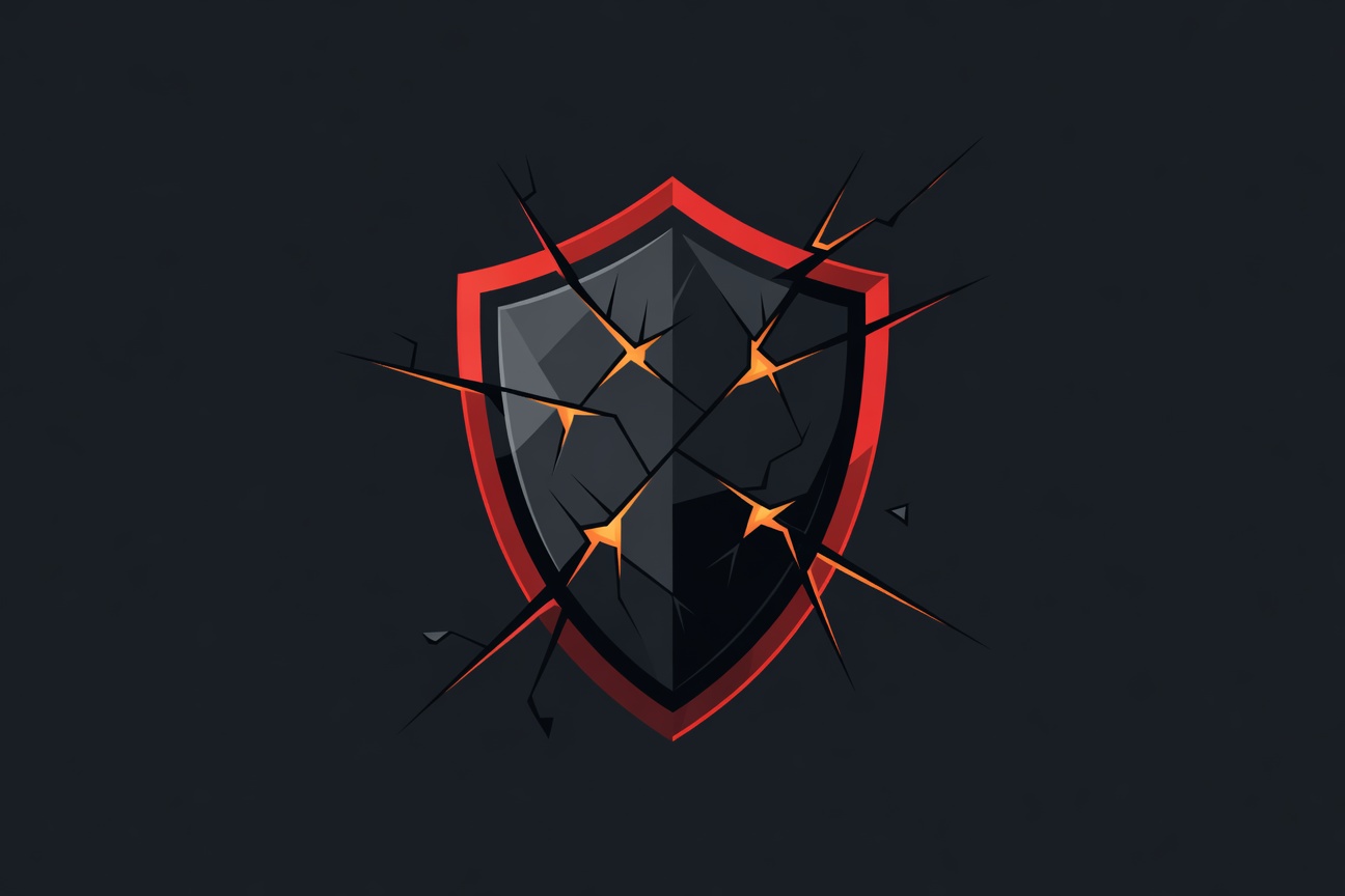 A cracked shield with a glowing amber warning symbol in a dark digital landscape, circuit lines forming defensive perimeter patterns