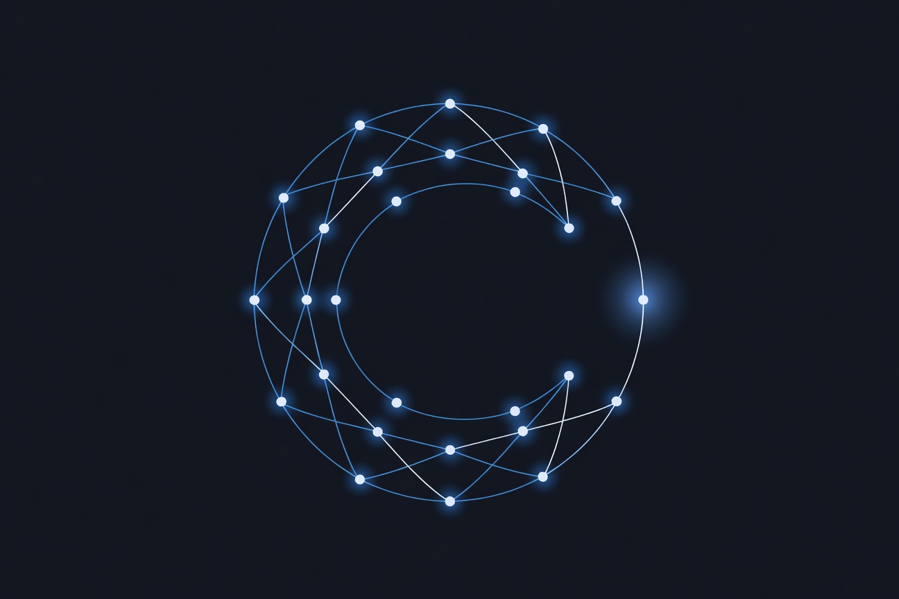 Abstract circular org chart with glowing nodes connected by lines, one node pulsing as if newly added to the network