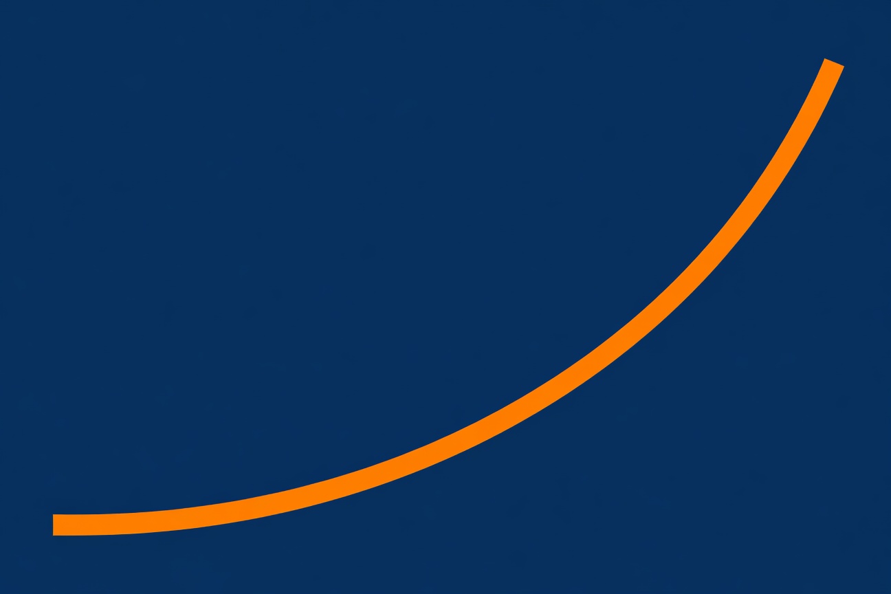 Bold upward trajectory exponential growth chart in orange and dark blue, minimal flat graphic on dark background