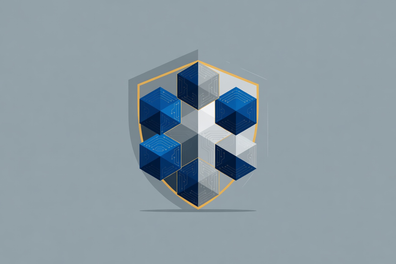 Abstract geometric shield with five interconnected panels, glowing in dark blue and silver tones, representing layered security protection