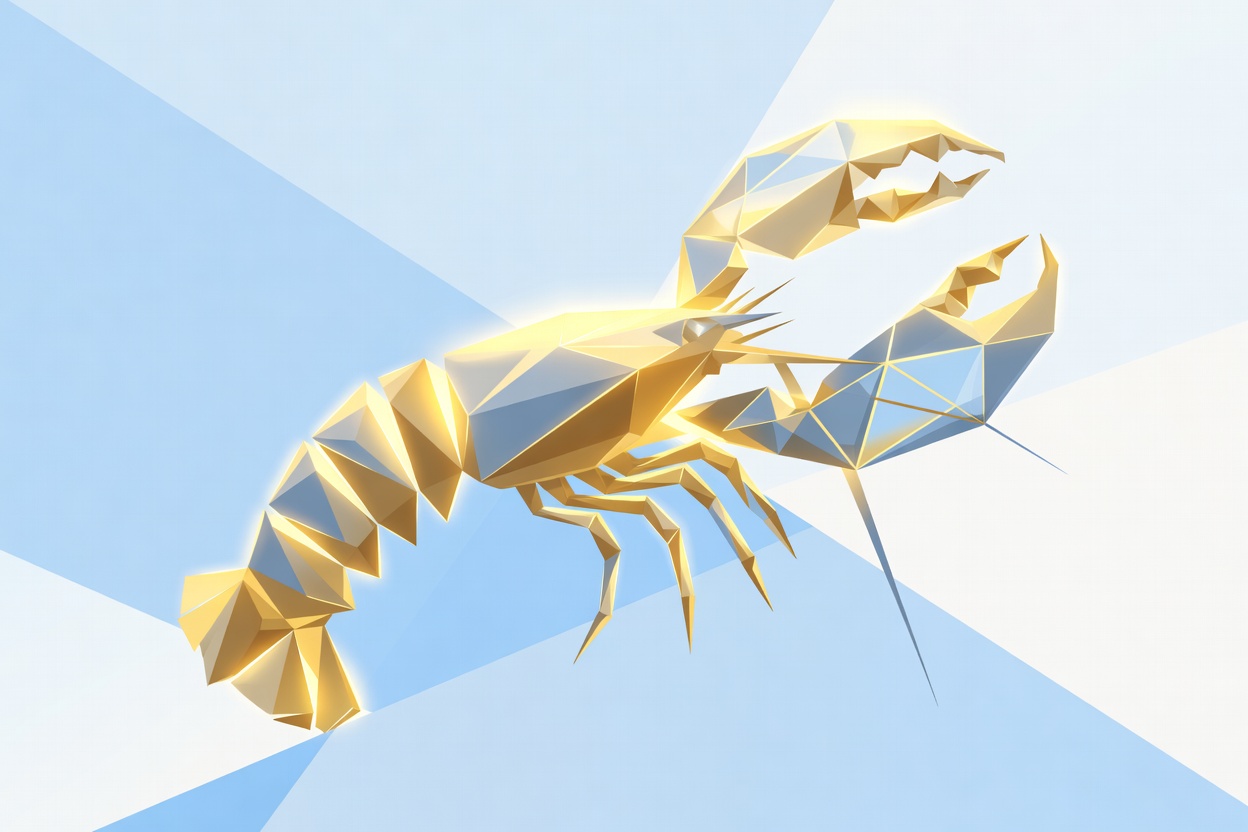 An abstract lobster shell made of glowing golden light transforming into an open geometric lattice structure, symbolizing open-source community and governance
