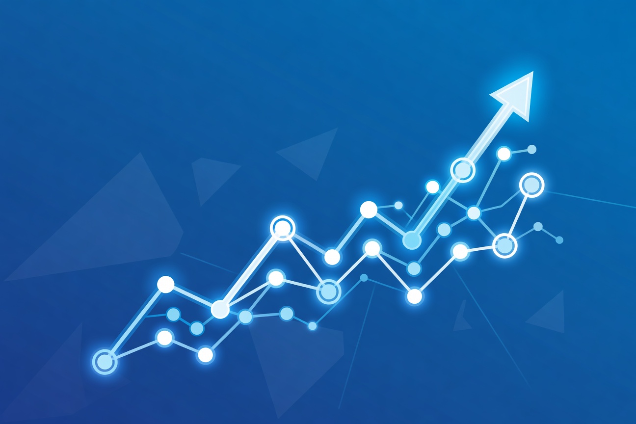 Abstract rising graph line made of glowing nodes and connectors against a deep blue background, suggesting momentum and growth