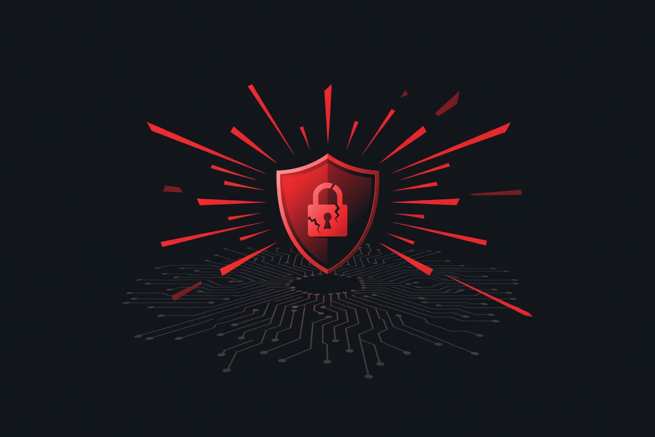 A red warning shield with a cracked padlock hovering above a digital circuit board, symbolizing a security vulnerability in an AI system