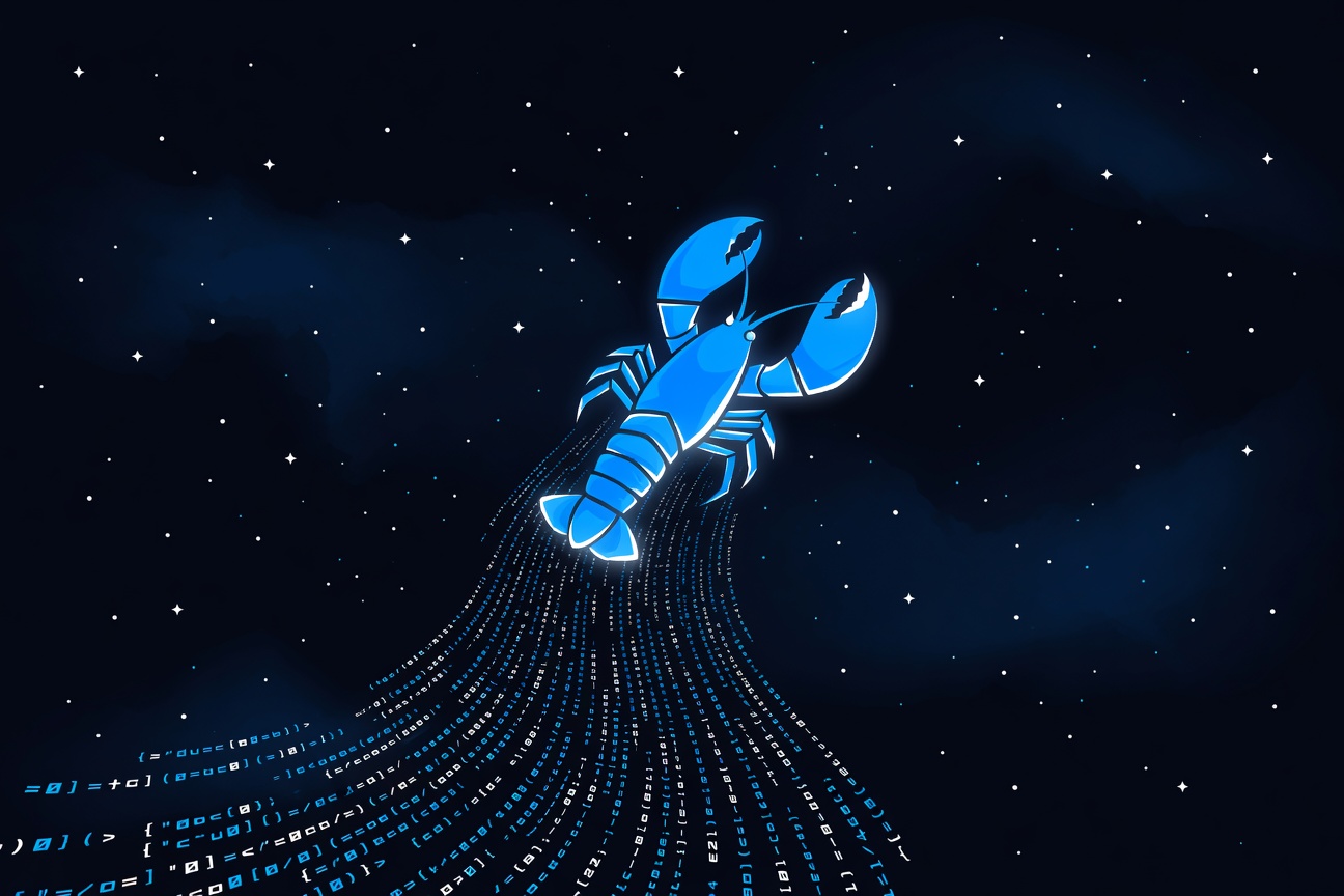A glowing lobster silhouette rising above a sea of cascading open-source code streams, set against a dark cosmic background with data constellations
