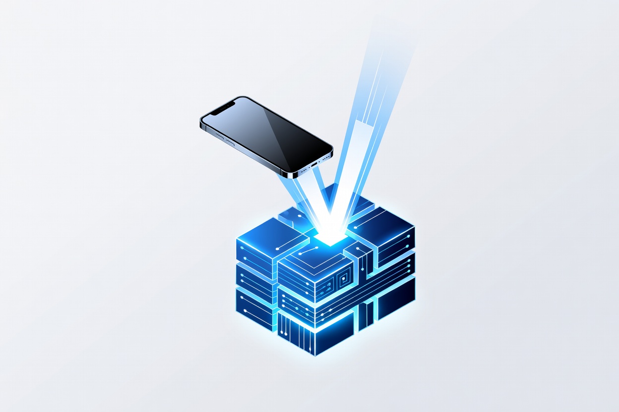 A smartphone floating above a glowing circuit board server rack, connected by a luminous beam of light