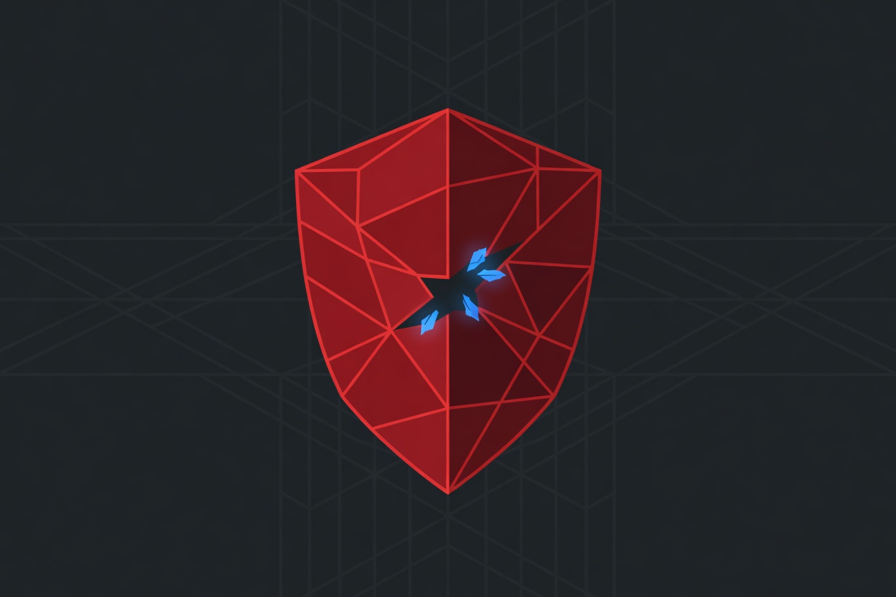 Abstract red warning shield with a small gap in its geometric mesh, blue digital tools slipping through the crack against a dark background