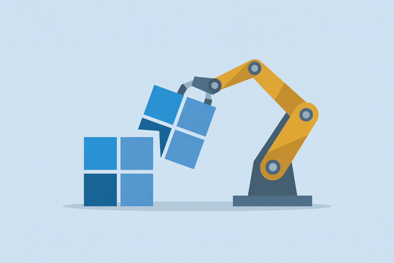 Microsoft 365 logo blocks being rearranged by an abstract mechanical arm, cool blue tones with yellow accent