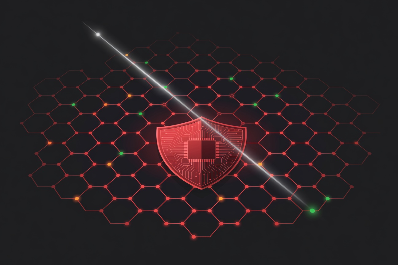 Shield with circuit pattern overlaid on interconnected hexagonal skill node grid with a scan beam