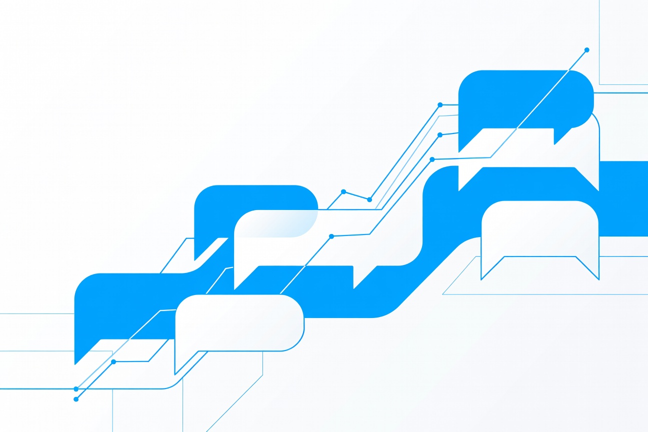 Abstract flowing conversation bubbles transforming into upward-trending graph lines, representing conversational data becoming training signal