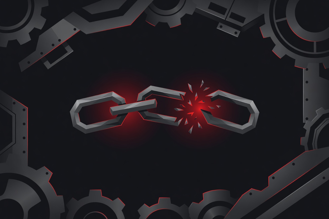 Abstract chain of broken links glowing red, representing a vulnerability chain in a dark, industrial mechanical environment