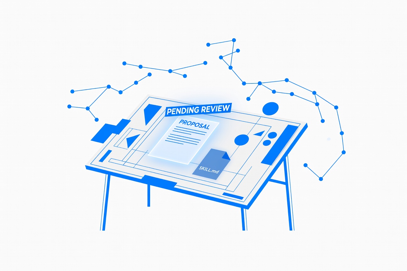 Abstract workshop blueprint on a drafting table with a pending stamp seal and interconnected nodes