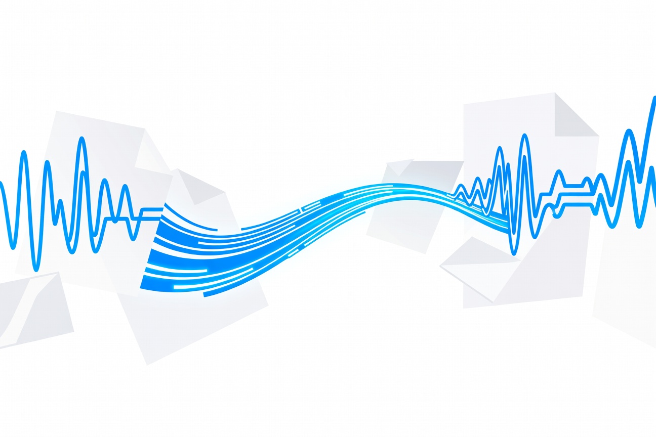Abstract geometric shapes representing PDF documents and audio waveforms merging into a flowing data stream