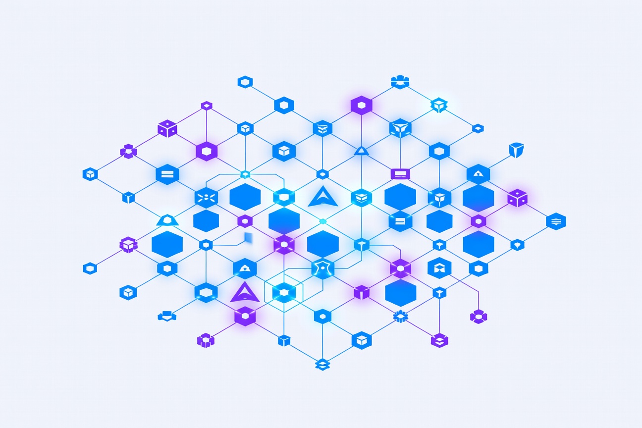 Abstract interconnected nodes forming a marketplace grid in dark teal and amber tones