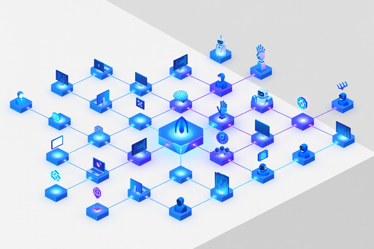 A glowing hexagonal marketplace grid with interconnected plugin nodes in blue and purple, rendered in minimal flat vector style