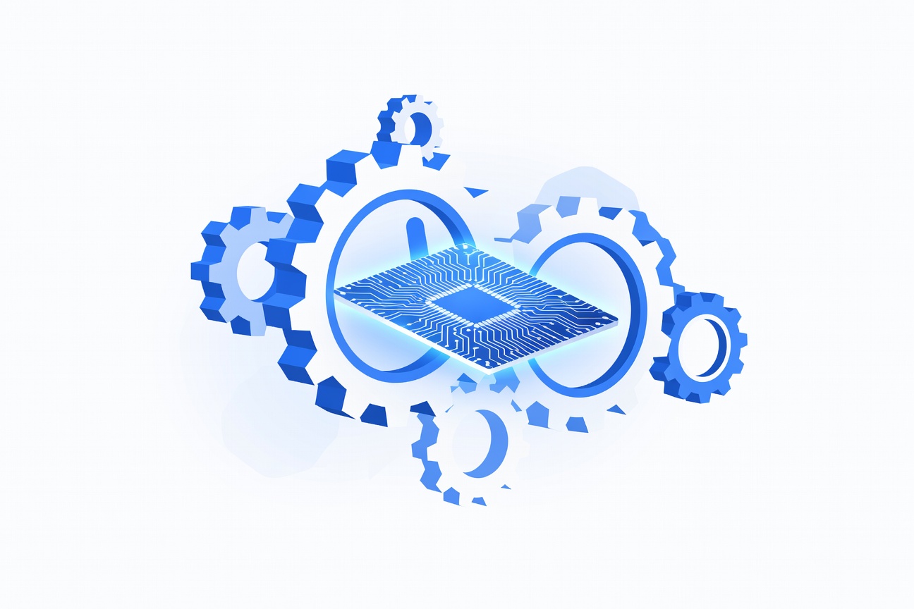 A mechanical gear lock suspending a glowing circuit board mid-action, symbolizing a human approval gate pausing an automated pipeline