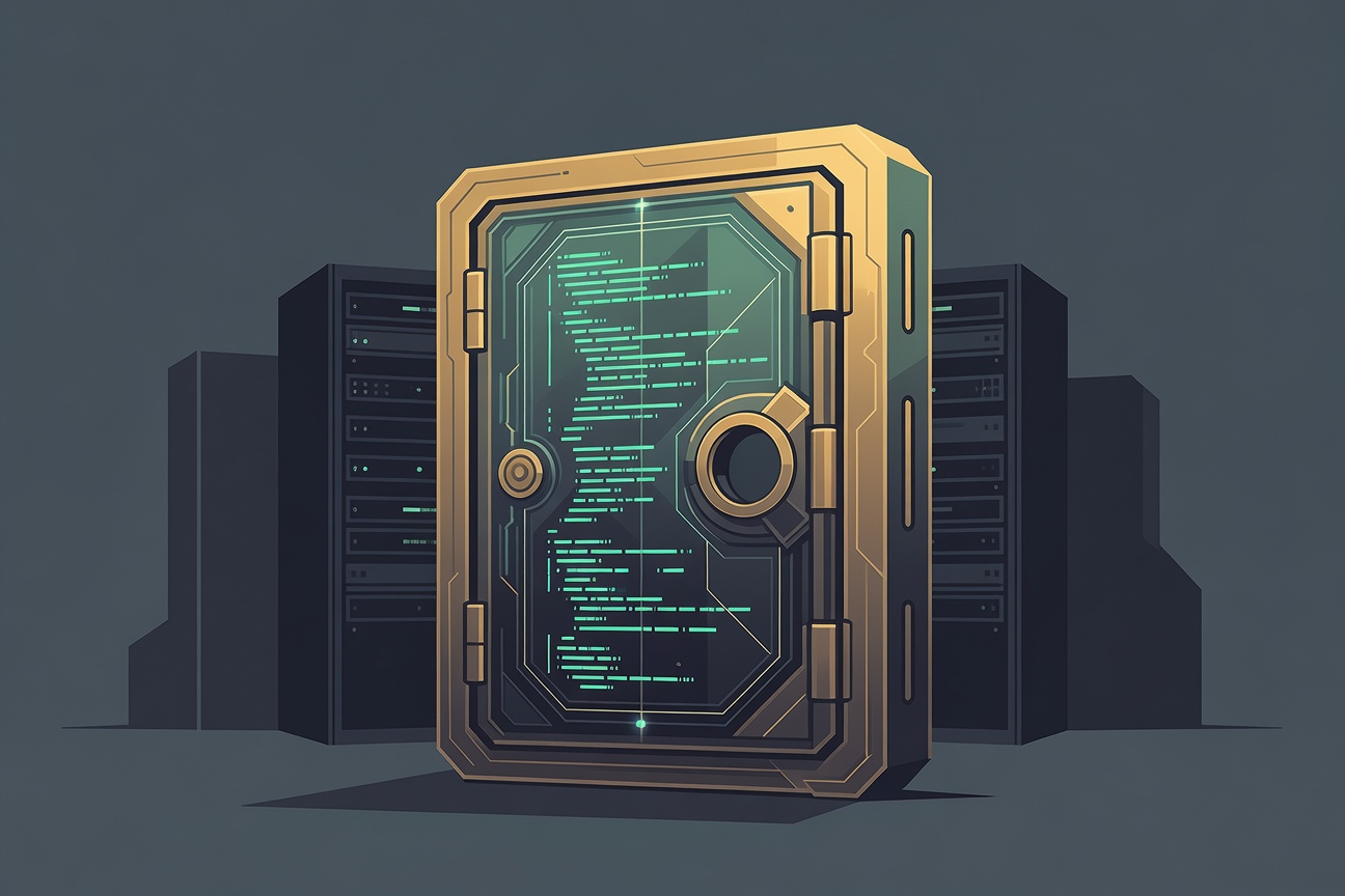 A digital vault door with CLI terminal lines etched into its surface, glowing teal on a dark server-room background