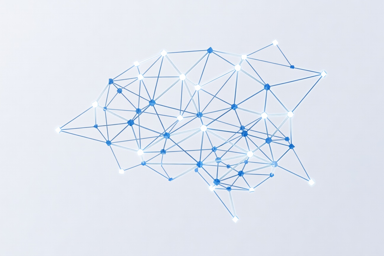 A glowing neural web of interconnected memory nodes pulsing with light, abstract and minimal