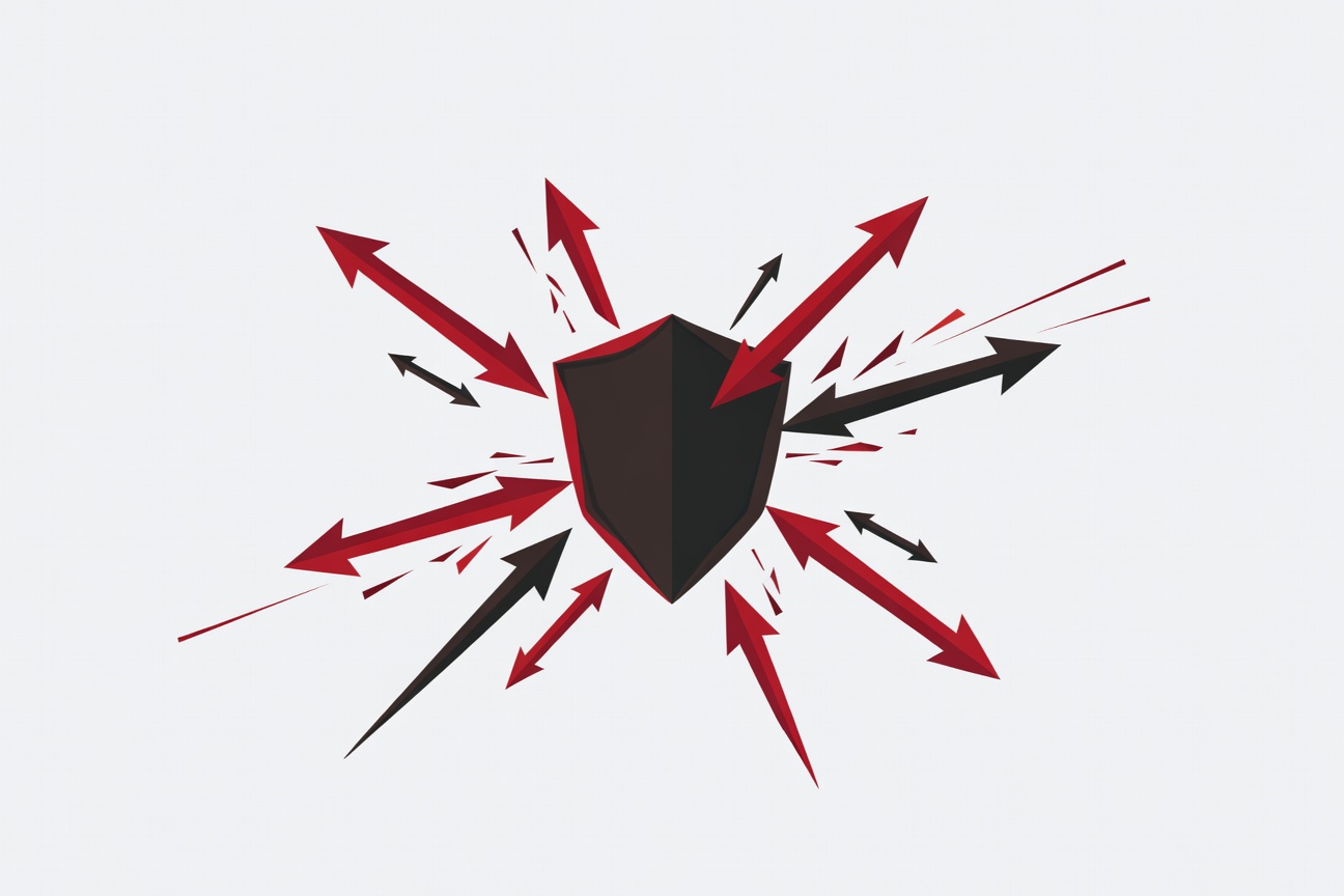 Abstract shield icon deflecting angular threat arrows, flat minimal vector style on dark background