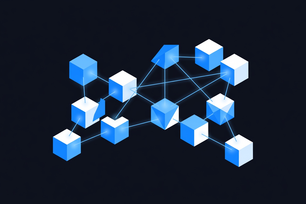 Geometric modular blocks assembling into a glowing interconnected agent network on a dark background