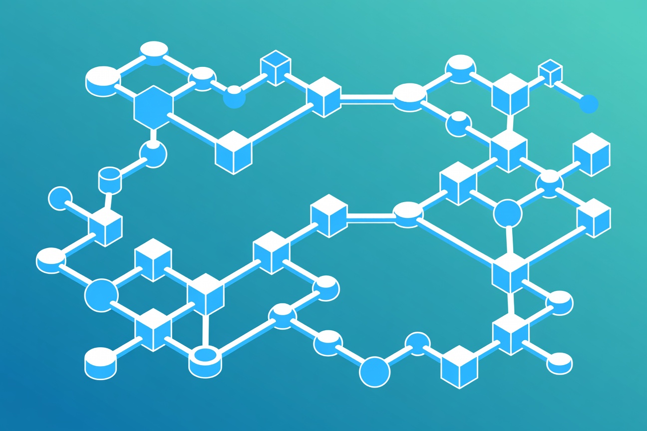 Interconnected geometric nodes floating in a blue-green gradient, representing durable task flow orchestration paths